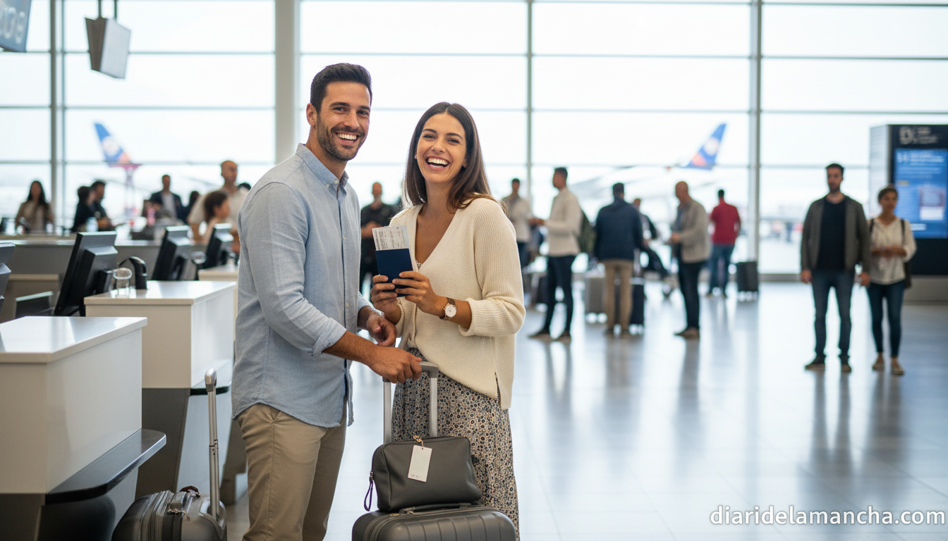 Pareja en el aeropuerto con documentos de viaje y seguro de viaje 2026