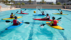 Young athletes practicing kayak polo in an outdoor swimming pool, colorful kayaks and paddles, summer training session atm...