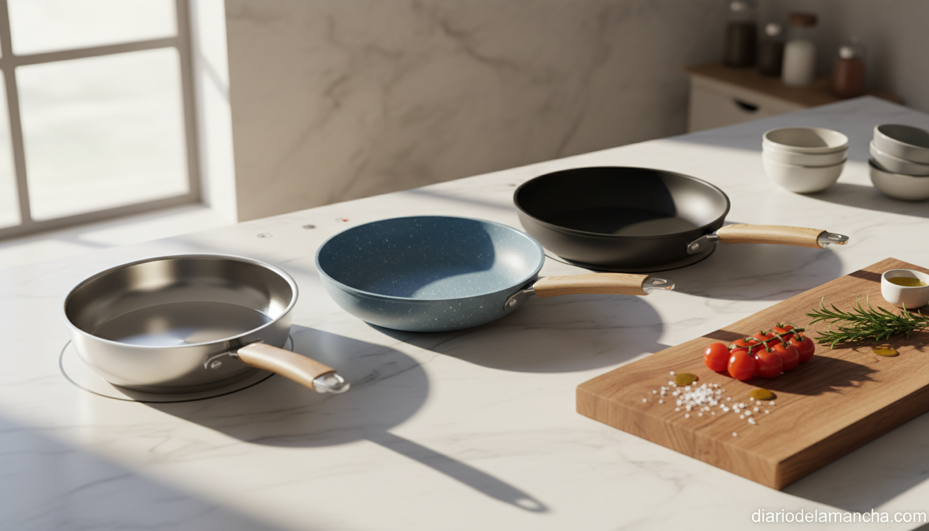 Set de sartenes de acero inoxidable y cerámica sobre encimera de inducción en cocina moderna