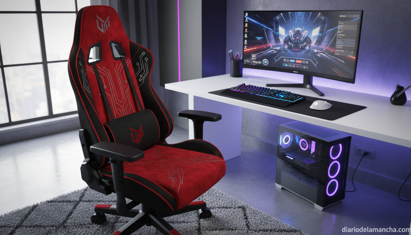 Silla gaming de terciopelo rojo y negro en un setup gaming doméstico con PC y luces LED