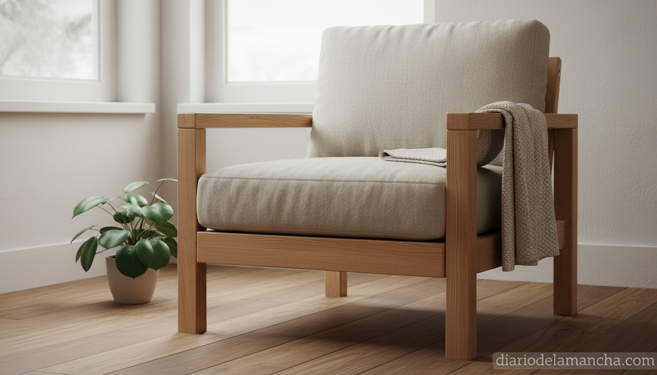 Detalle de sillón nórdico de pino macizo y lino estilo IKEA SJÄLSÖ en rincón de lectura
