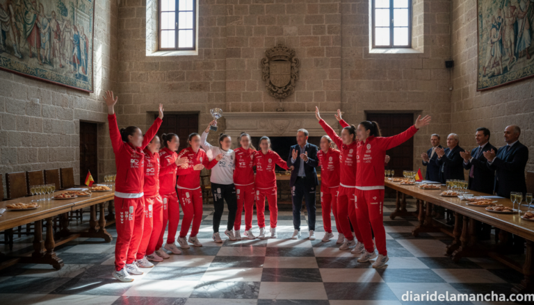 Equipo femenino de balonmano Soliss Pozuelo de Calatrava en acto de recepción institucional