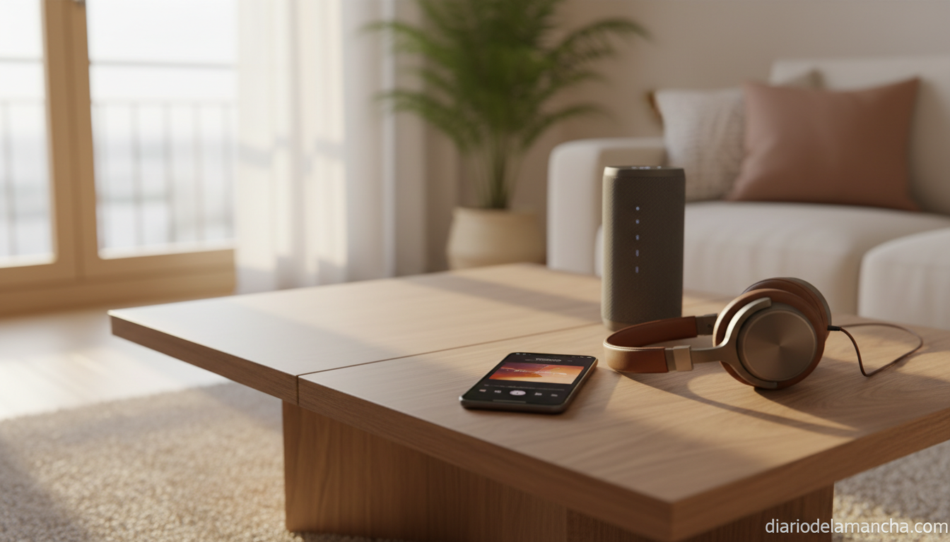 Movil reproduciendo una plataforma de streaming musical junto a un altavoz inteligente en un salon