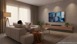 Persona viendo plataformas de streaming en smart TV en el salón
