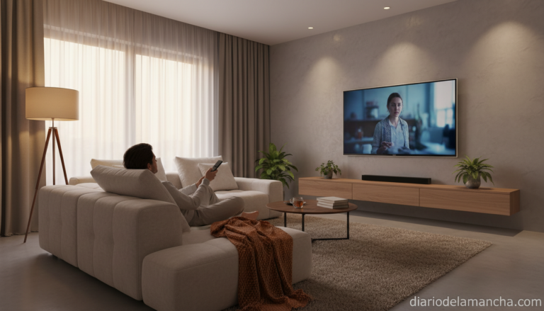 Persona viendo plataformas de streaming en smart TV en el salón
