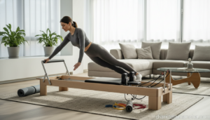 Diario de Castilla-La Mancha 37 Mujer practicando pilates en tabla reformer multifuncional en casa