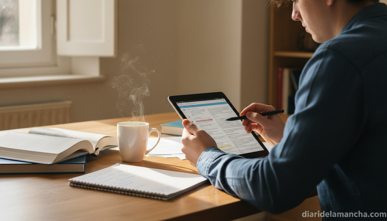 Las 10 tablets imprescindibles para estudiantes en 2026: opciones para cada presupuesto 1 Estudiante usando tablet Samsung en escritorio de estudio con libros