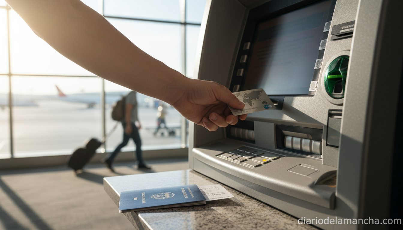 Top tres cuentas de 2026 para retirar dinero sin costes en el extranjero 1 Viajero retirando dinero en cajéro internacinal con tarjeta bancaria