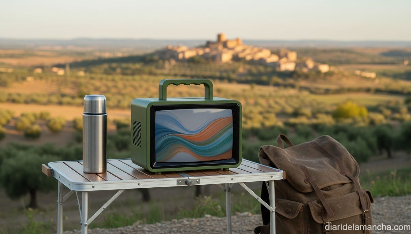 Descubriendo los televisores portátiles más destacados para disfrutar en casa, viajes y trabajo 2 Televisor portátil a baterías en una mesa exterior de viaje