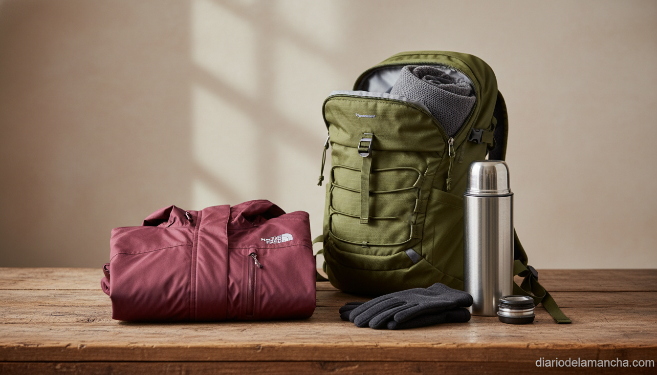 Chaqueta impermeable The North Face Resolve para mujer y accesorios outdoor sobre mesa