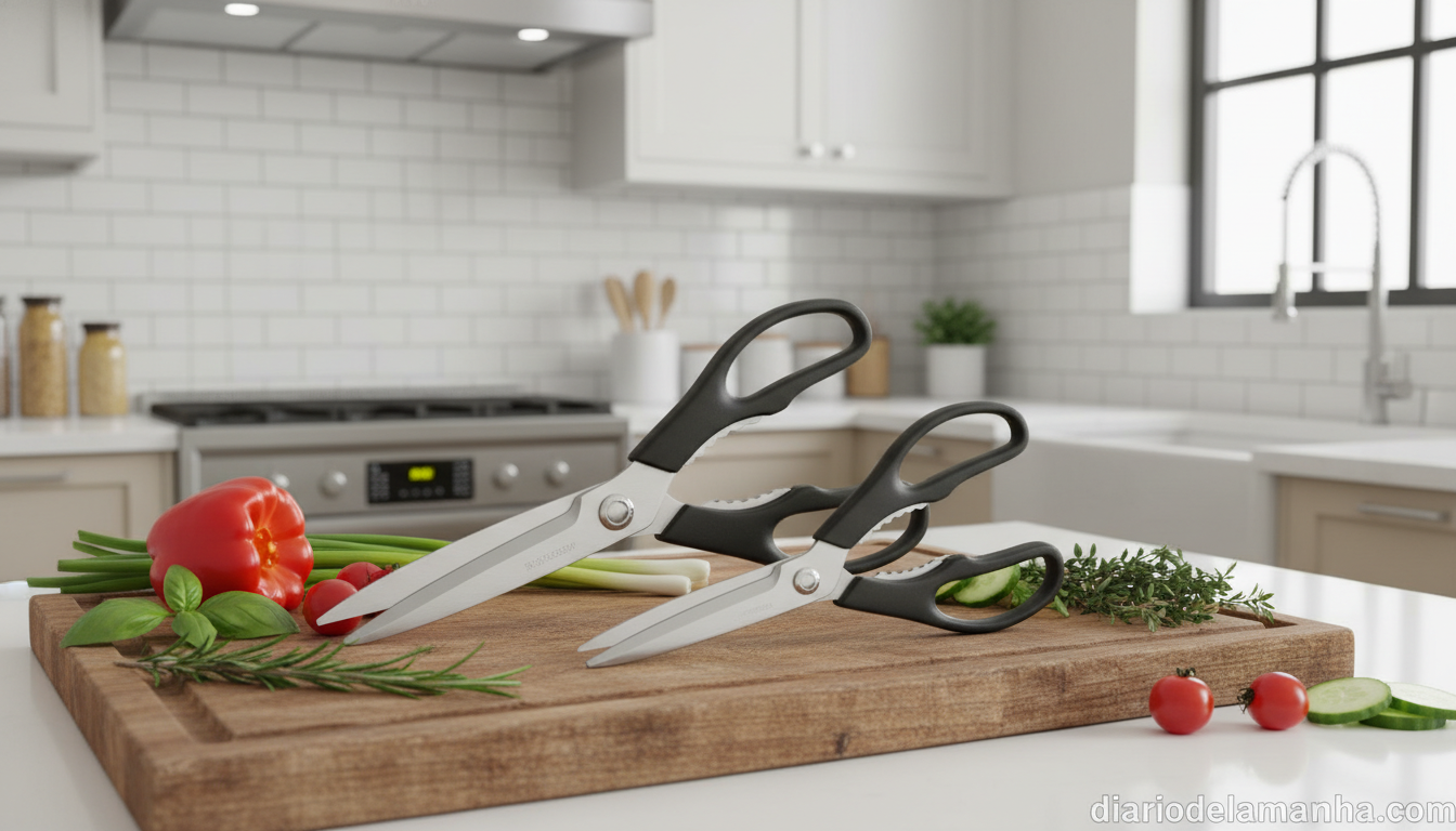 Tijera de cocina líder en ventas en Amazon: versatilidad y resistencia con funcionalidades extras 1 Set de tijeras de cocina versatiles sobre tabla de cortar con hierbas