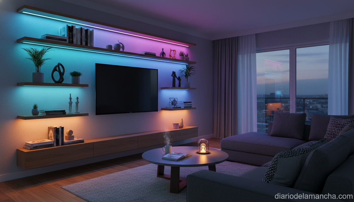 La tira de luces LED superventas en Amazon conquista con más de 21.000 valoraciones 1 Tira de luces LED RGB decorando salón moderno con ambiente colorido