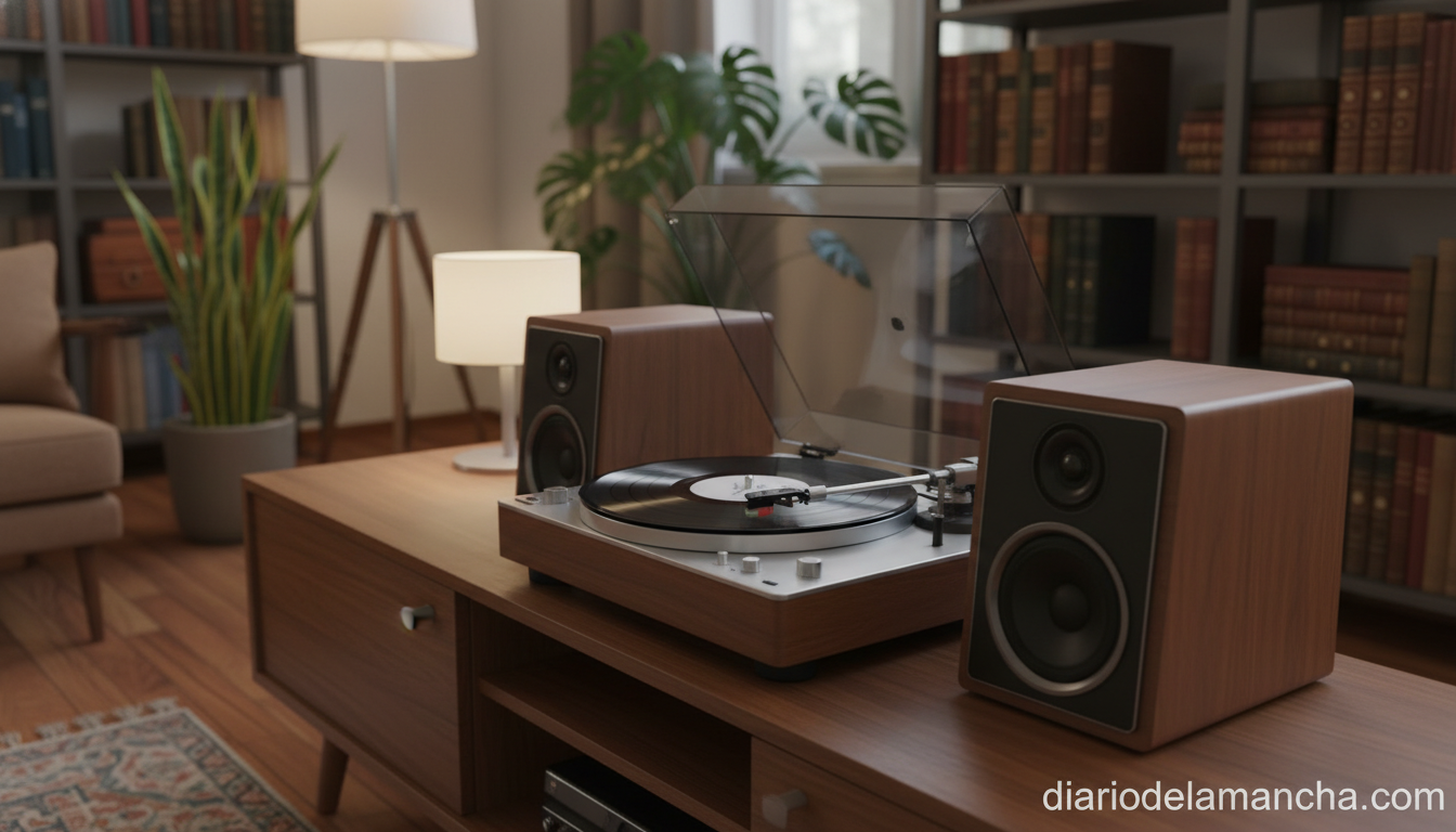 Tocadiscos con altavoces integrados en salón acogedor