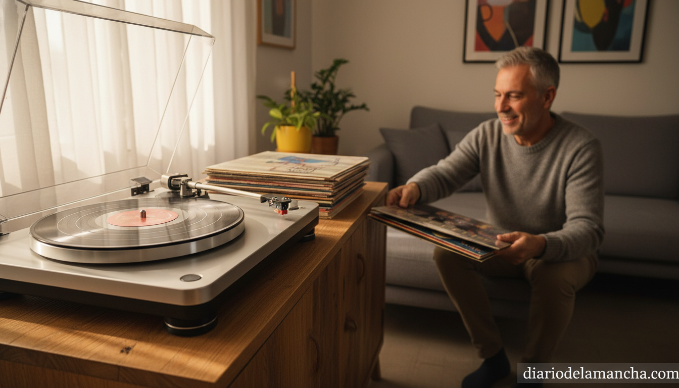 Tocadiscos moderno con vinilo girando como regalo del Día del Padre