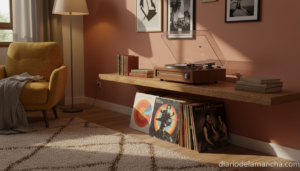 Tocadiscos vintage en un salón acogedor con vinilos en los estantes