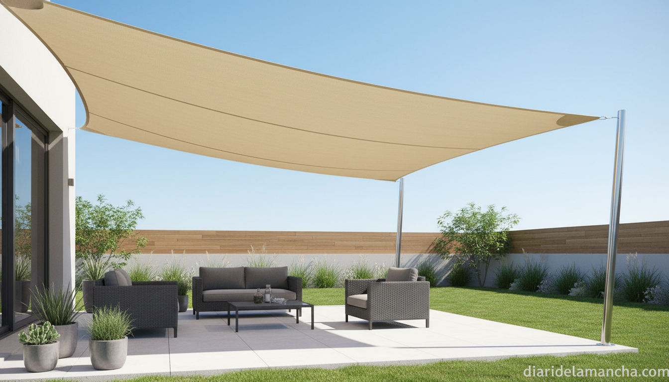 Protege tu terraza con el toldo vela impermeable: fácil instalación y alta resistencia 1 Toldo vela impermeable instalado en terraza protección solar