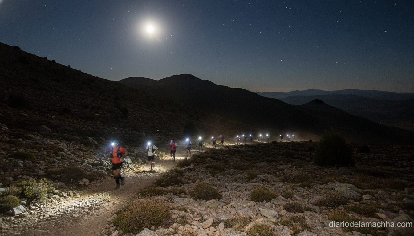 Nocturnal trail running race in the sierra, runners with headlamps illuminating a rocky mountain path at night, natural la...