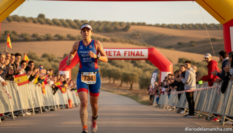 A triathlete running along a scenic route in a Spanish landscape, wearing a triathlon kit with race number, nearing the fi...