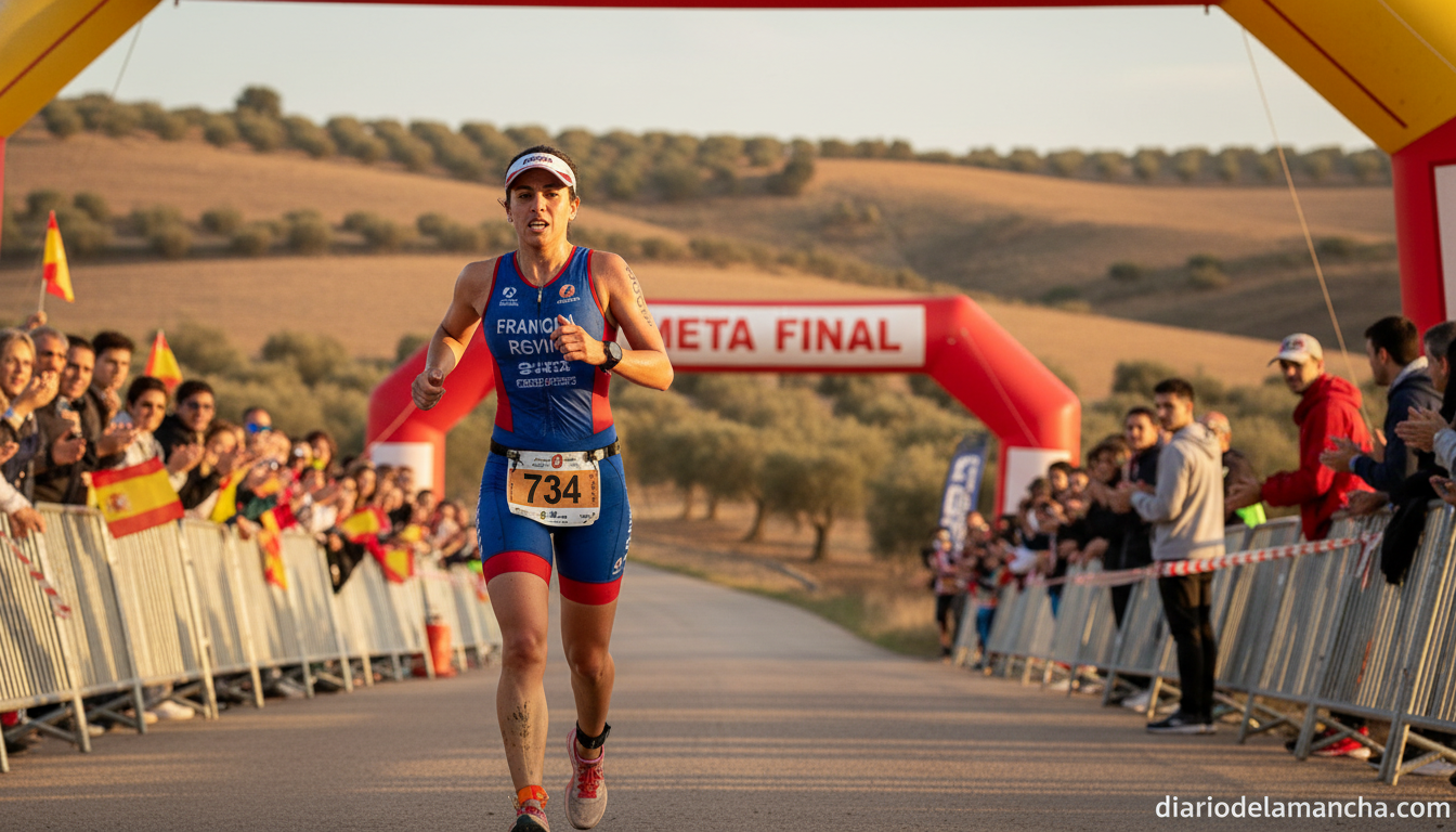 A triathlete running along a scenic route in a Spanish landscape, wearing a triathlon kit with race number, nearing the fi...