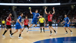 Indoor handball match action scene, two teams competing on a court, players in sports uniforms jumping and throwing the ba...