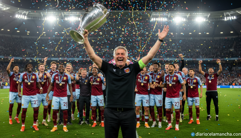 Football manager in his late fifties celebrating a major European cup final victory on the pitch at night, arms raised, su...