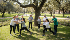 Mayores y jóvenes realizando ejercicio físico juntos en un parque urbano