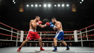 Two boxers or kickboxers facing each other in a boxing ring during a fight night event in Spain. Dramatic arena lighting w...
