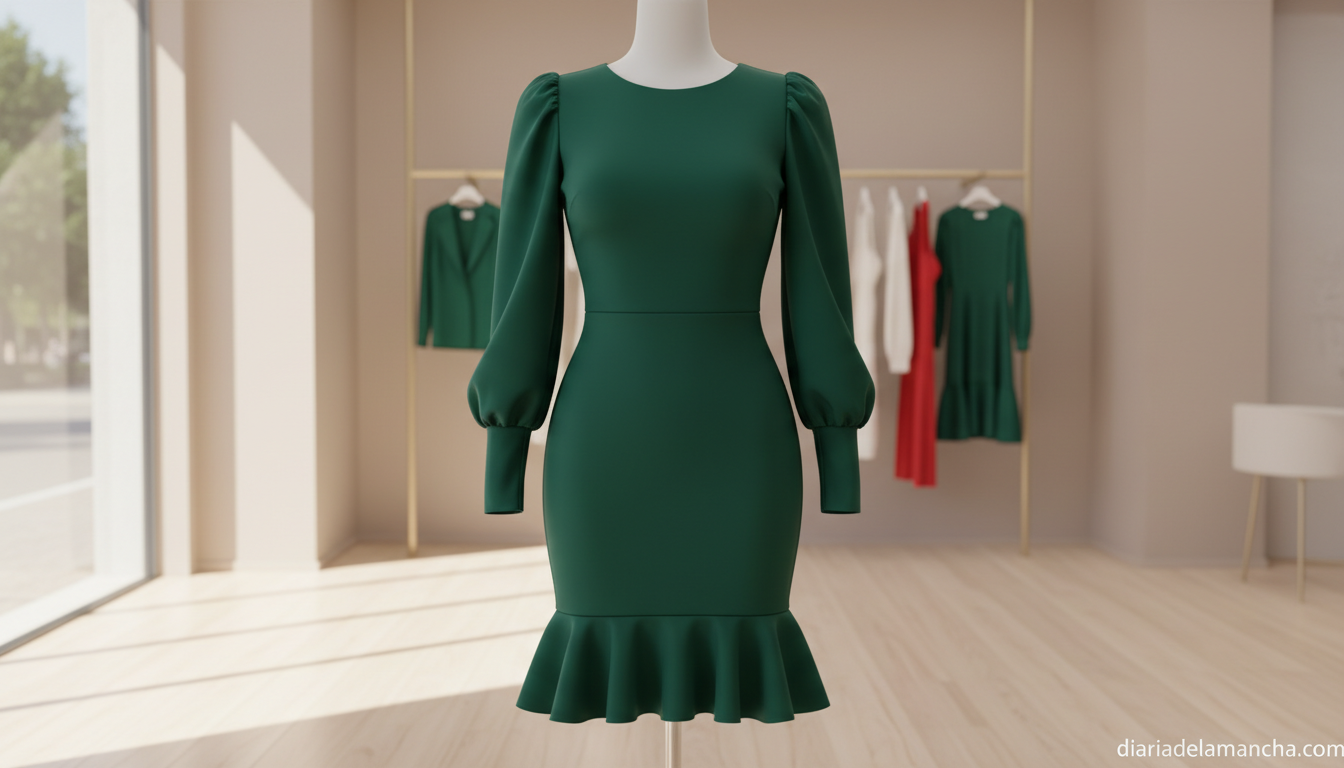 Vestido de cóctel bodycon elegante en color verde con mangas largas y dobladillo con volantes