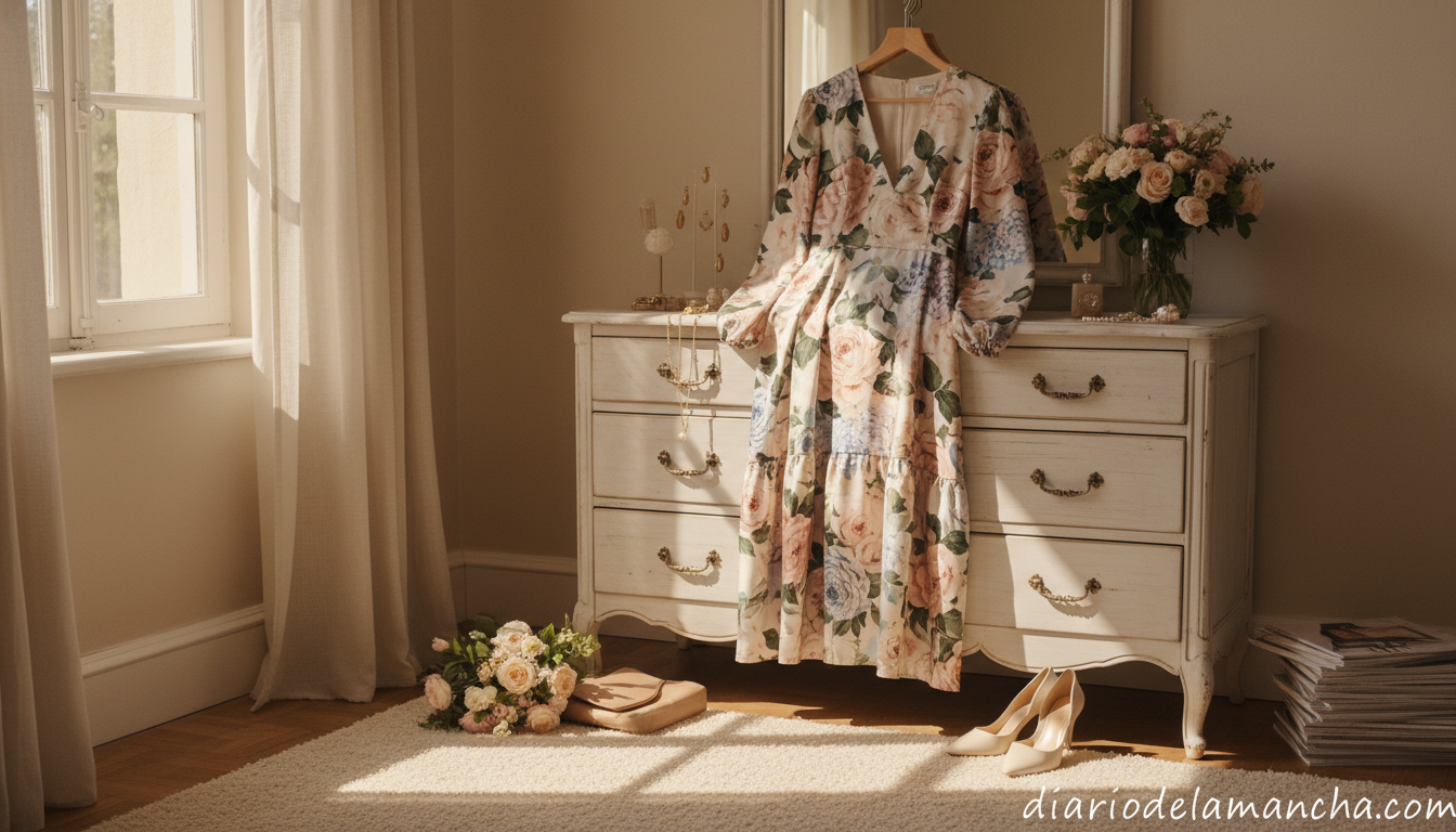 Vestido elegante floral para invitada de boda sobre percha en habitación luminosa