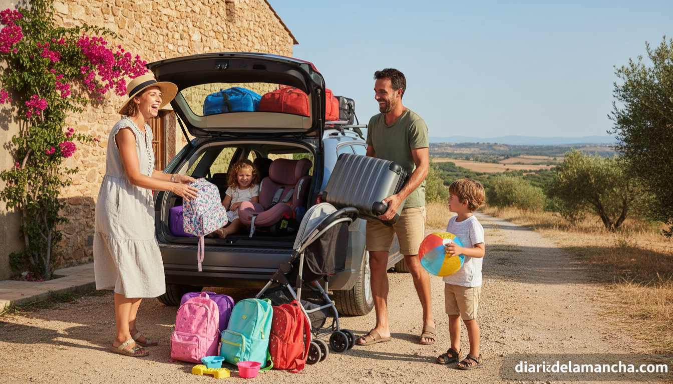 18 artículos indispensables para unas vacaciones familiares sin estrés 1 Familia preparando maletas y accesorios de viaje para vacaciones con niños