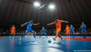 Indoor futsal match scene, two teams competing on a sports court inside a covered arena, players in motion chasing the bal...