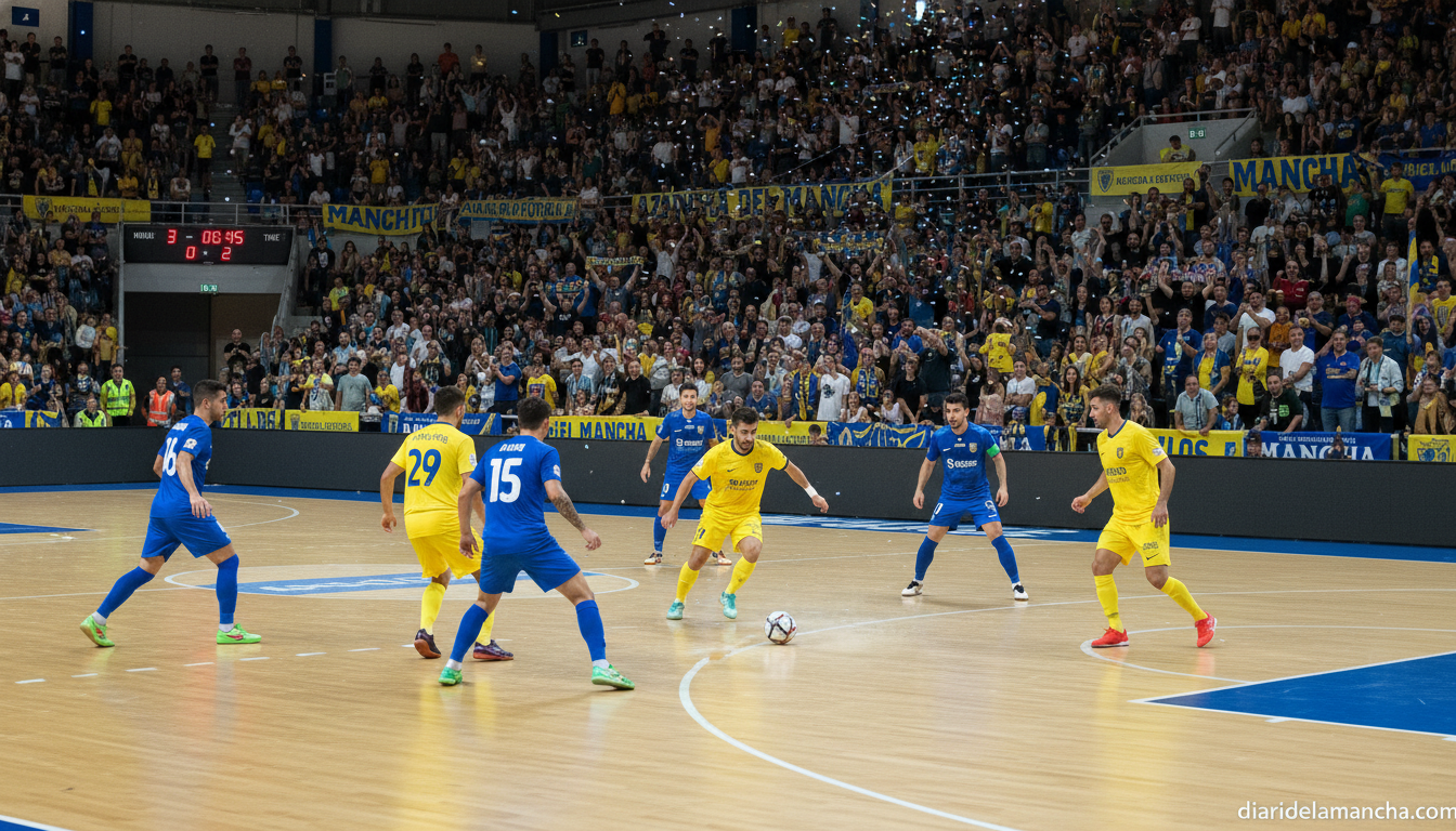 Indoor futsal match in a packed stadium, players in blue and yellow jerseys competing for the ball on a court, crowd cheer...