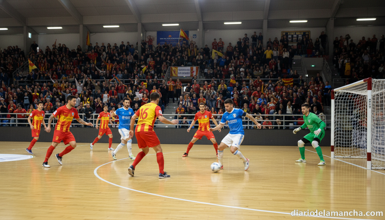 Indoor futsal arena in Spain with male players in action during a decisive match, dynamic overhead or side shot showing pl...