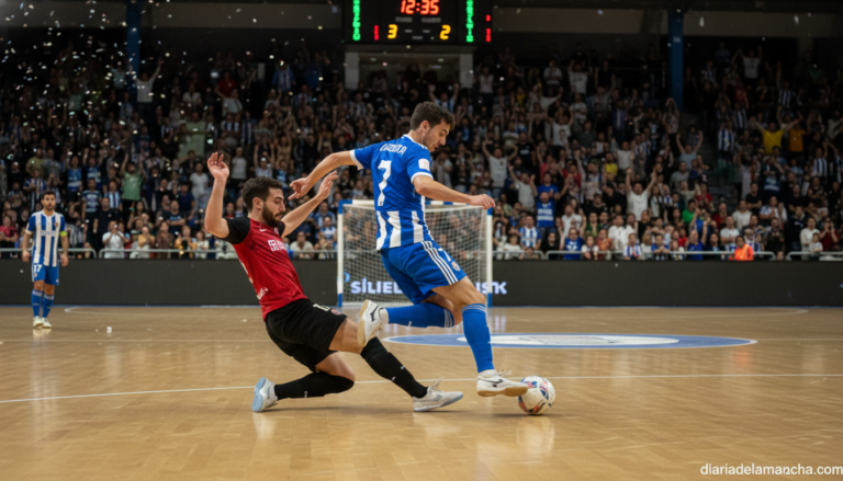 Indoor futsal match in a packed arena, player in blue and white jersey dribbling past a defender, dynamic action shot, spo...