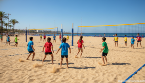 Children playing beach volleyball on sand courts, school activity day, joyful atmosphere, multiple nets visible, colorful ...