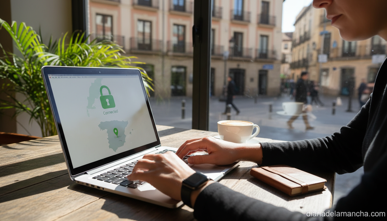 Guía definitiva de las 10 mejores VPN en 2026: análisis y comparativa detallada 1 Persona usando una VPN en su portatil desde una cafeteria con wifi publica