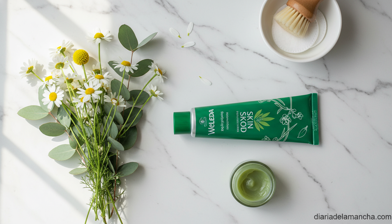 La crema preferida de Victoria Beckham alcanza su precio mínimo con un descuento del 41% 1 Crema Weleda Skin Food en superficie de mármol con flores