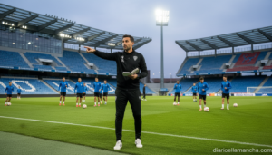 A male football coach in dark sportswear stands on the sideline of a modern European football stadium, giving tactical ins...