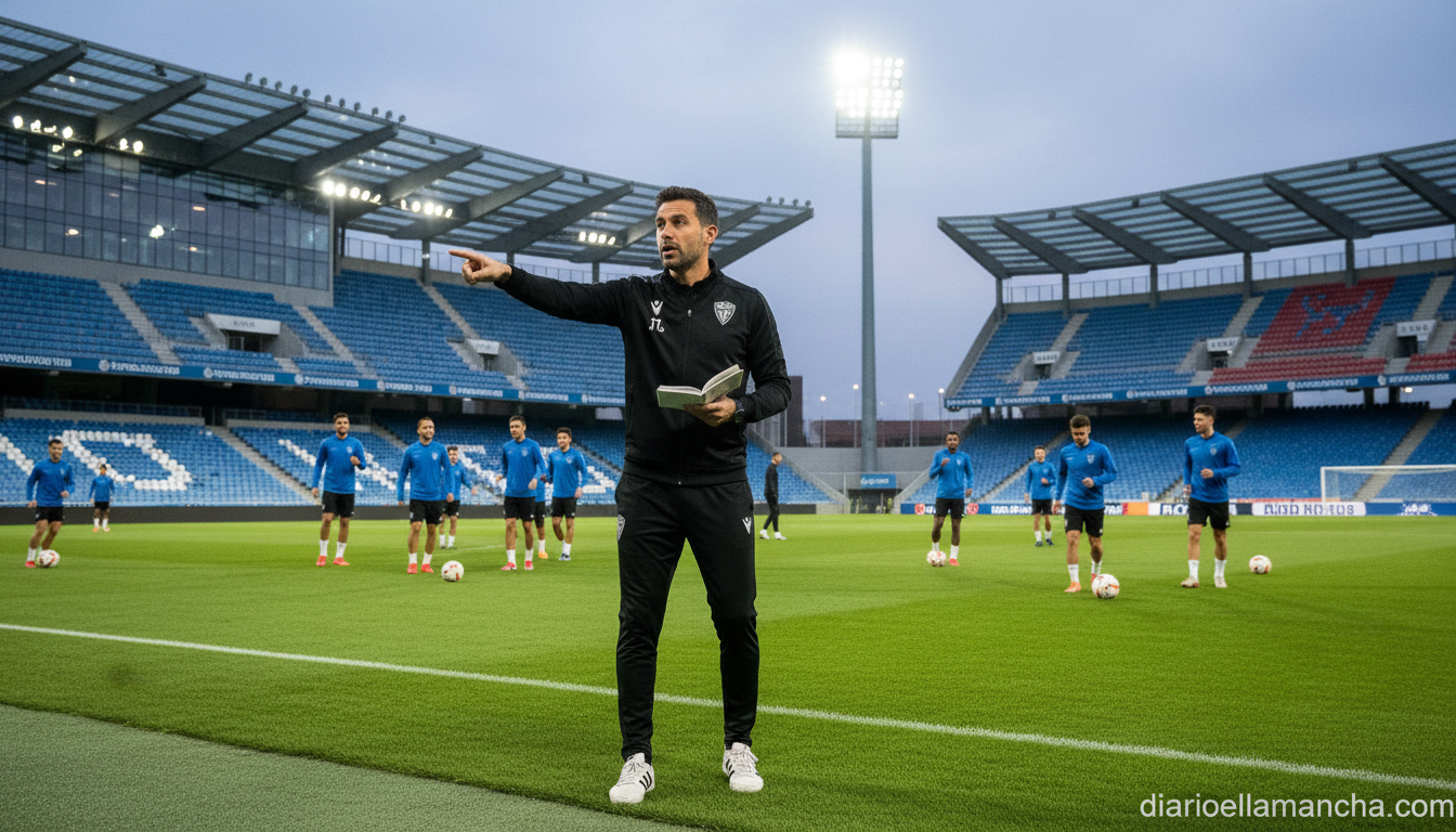 A male football coach in dark sportswear stands on the sideline of a modern European football stadium, giving tactical ins...