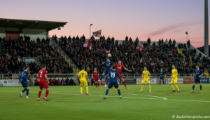 Partido de fútbol de la Segunda RFEF en estadio regional al atardecer
