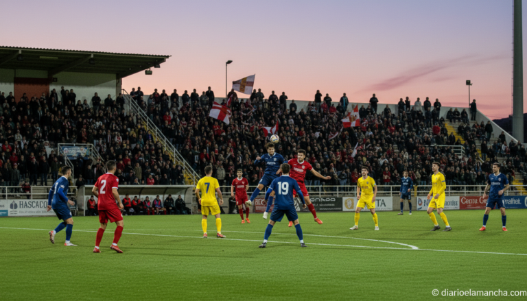 Partido de fútbol de la Segunda RFEF en estadio regional al atardecer
