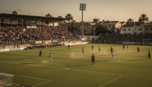 Spanish regional football stadium, players competing on the pitch during a match, crowd of supporters in the stands, atmos...