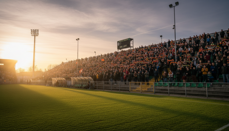 Estadio de fútbol de provincia en tarde de partido, gradas con aficionados con bufandas de colores del equipo local, céspe...