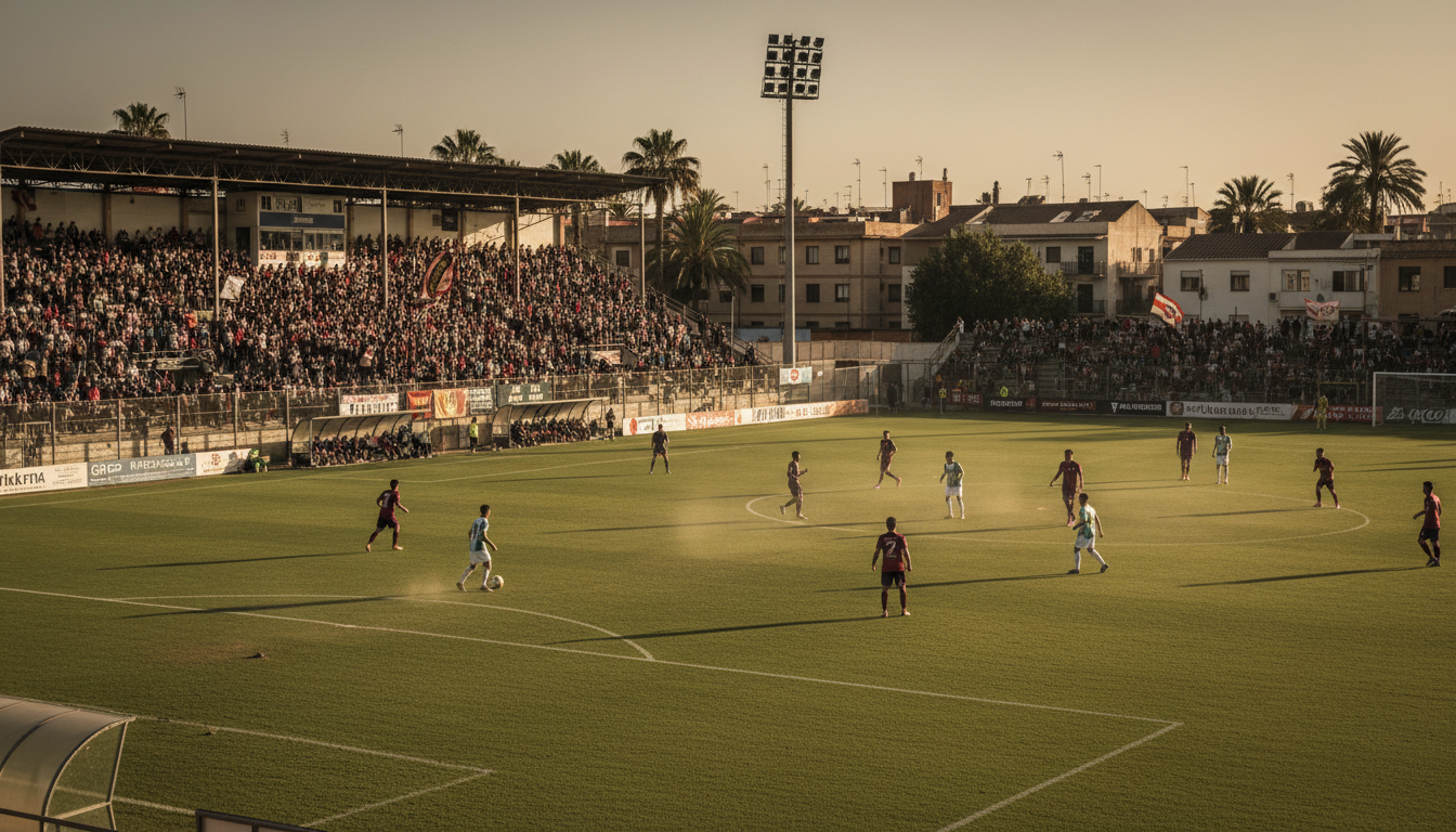 Spanish regional football stadium, players competing on the pitch during a match, crowd of supporters in the stands, atmos...