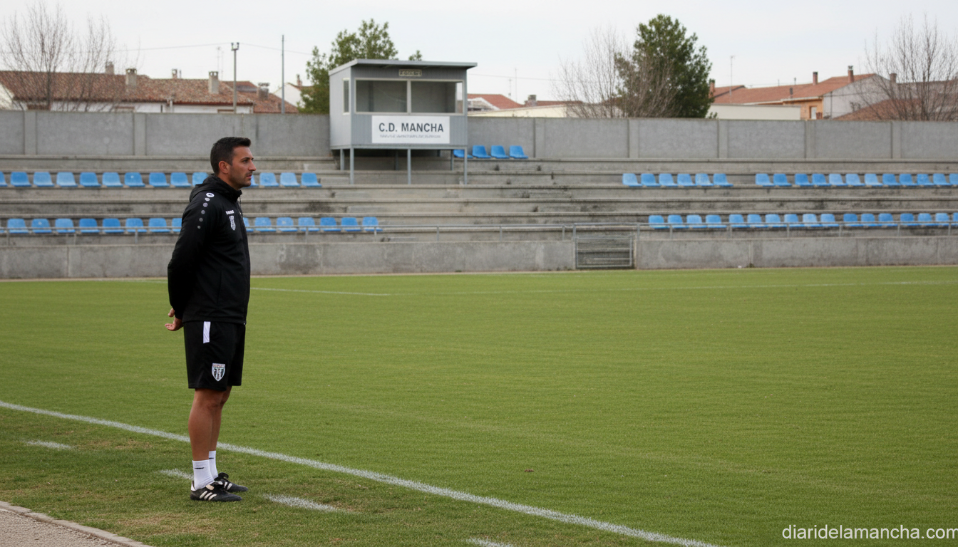 A football coach in training gear standing on the sideline of a modest Spanish football stadium, looking thoughtfully at a...