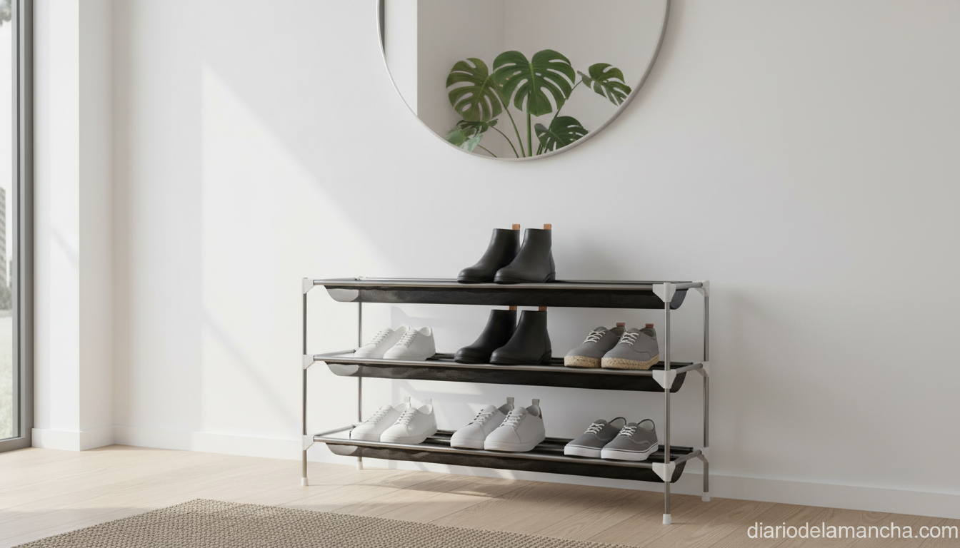 Zapatero extensible metálico en entrada de casa con zapatos organizados
