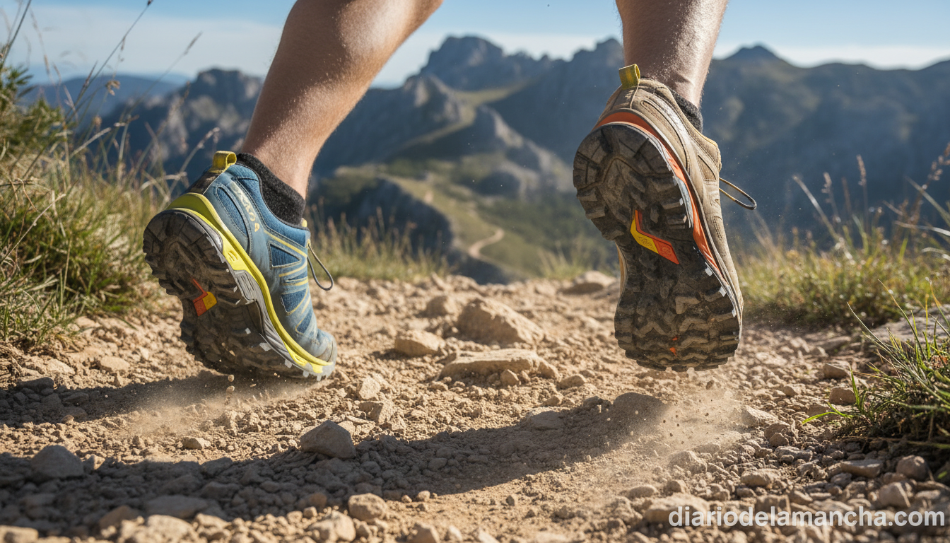 Zapatillas de senderismo y trail en senda de montaña rocosa