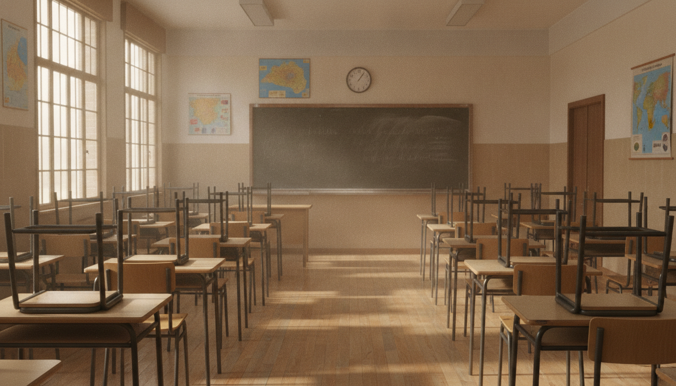 Aula de instituto en Castilla-La Mancha, sillas y pupitres vacíos ordenados, pizarra al fondo con escritura borrada, luz n...