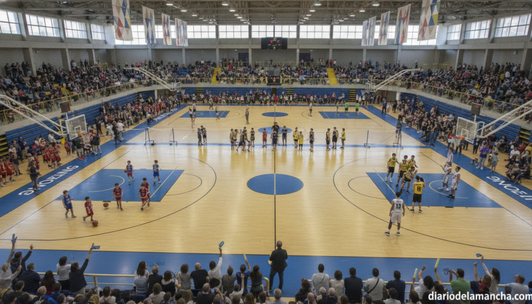 A basketball tournament scene inside a sports pavilion in Alcazar de San Juan Spain, multiple teams playing simultaneously...