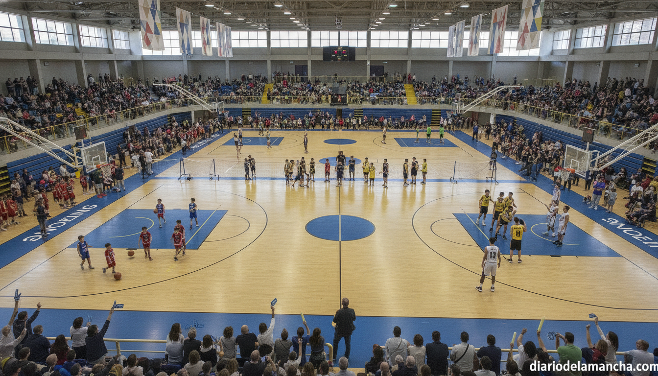 A basketball tournament scene inside a sports pavilion in Alcazar de San Juan Spain, multiple teams playing simultaneously...